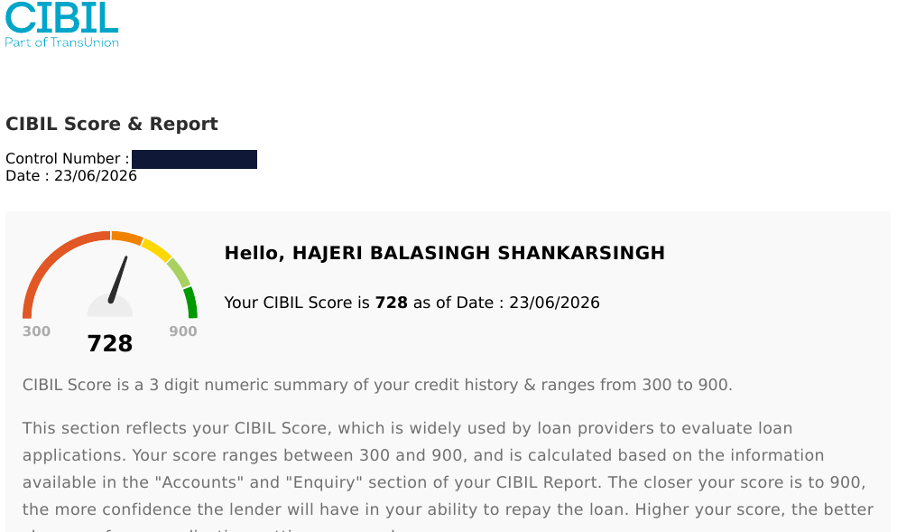 CIBIL report header from June 2026 showing the score improved to 728
