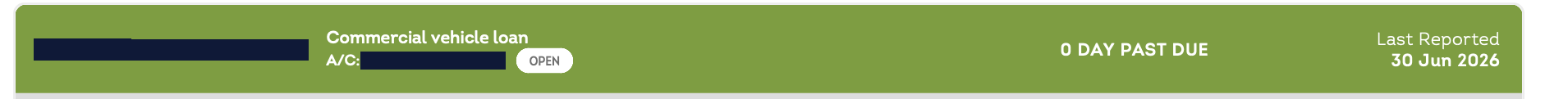 The same commercial vehicle loan account header as reported on 30 June 2026, showing 0 days past due