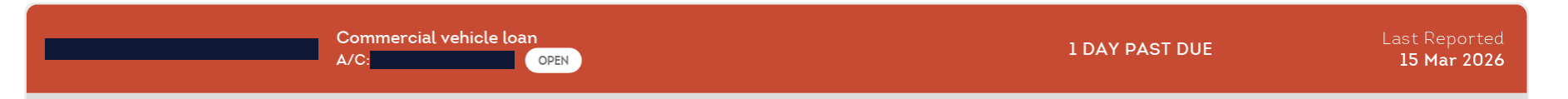 Redacted account header for the commercial vehicle loan as reported on 15 March 2026, showing 1 day past due