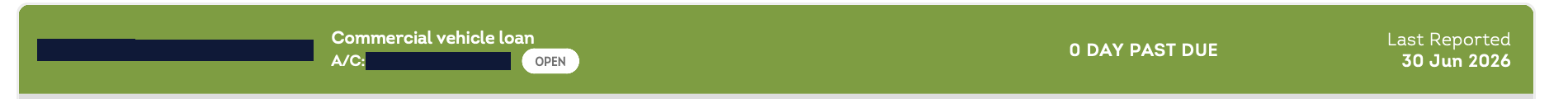 The same commercial vehicle loan account header as reported on 30 June 2026, showing 0 days past due