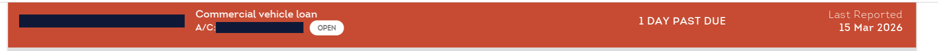 Redacted account header for the commercial vehicle loan as reported on 15 March 2026, showing 1 day past due