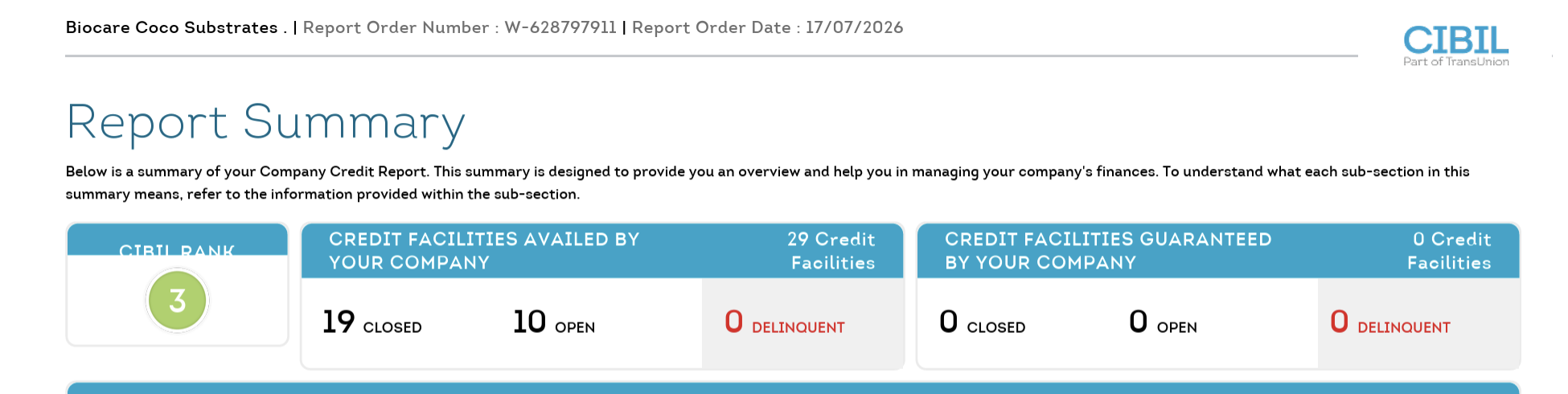 Commercial credit report summary pulled 17 July 2026 showing rank 3 and zero delinquent credit facilities