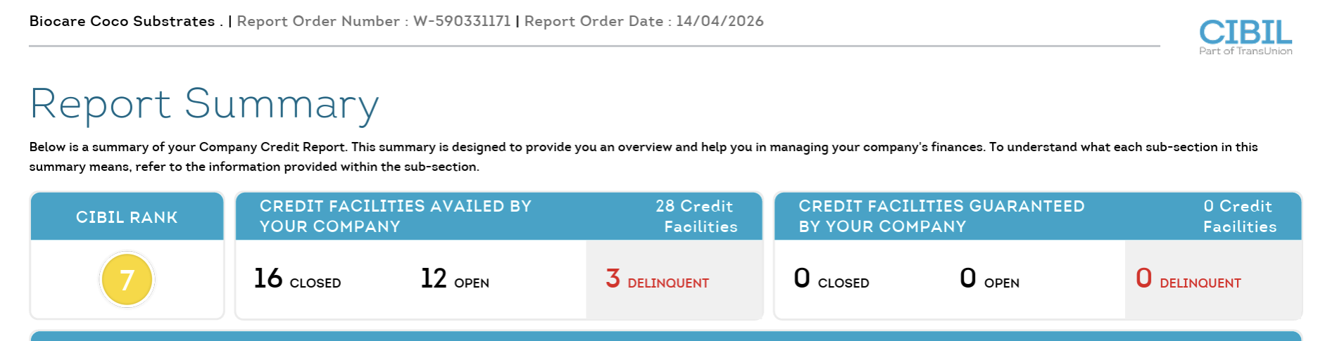 Commercial credit report summary pulled 14 April 2026 showing rank 7 and three delinquent credit facilities
