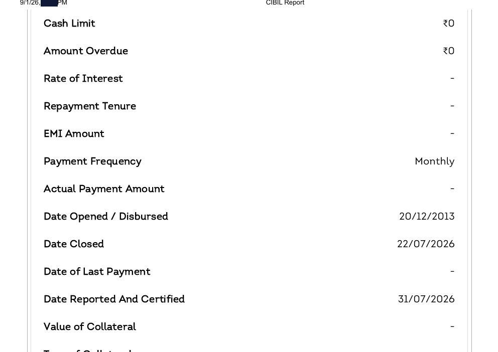 The same Axis Bank credit card on the September report with the Credit Facility Status blank, date closed 22 July 2026, and zero overdue