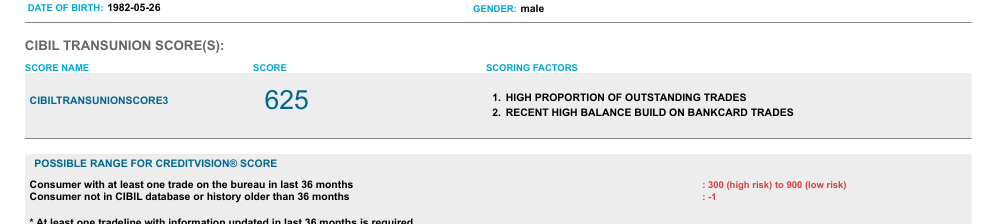 CIBIL CIR from 17 July 2026 showing a score of 625