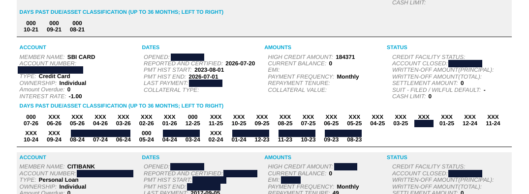 The SBI Card account on the 24 August report with zero balance, zero overdue, and no written-off status