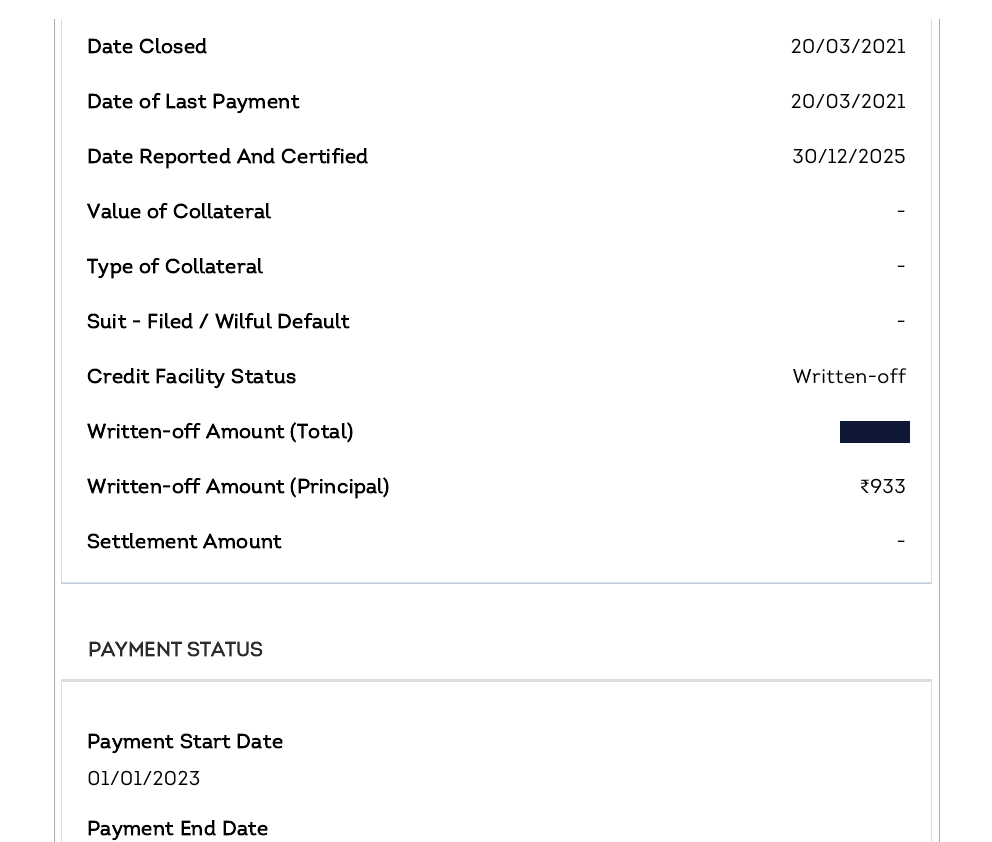 SBI Card account on the onboarding report showing a written-off status