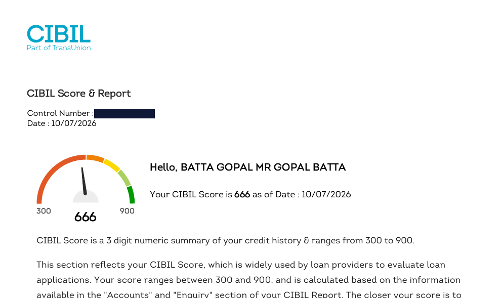 CIBIL report header from 10 July 2026 showing a score of 666