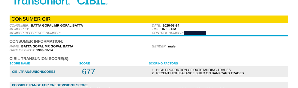 CIBIL CIR header from 24 August 2026 showing a score of 677