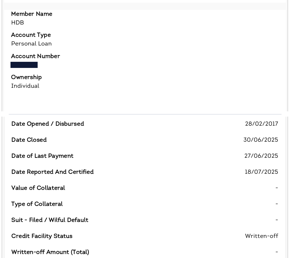 Redacted CIBIL report excerpt from 26 May 2026 showing the HDB Financial Services personal loan with Credit Facility Status reported as Written-off