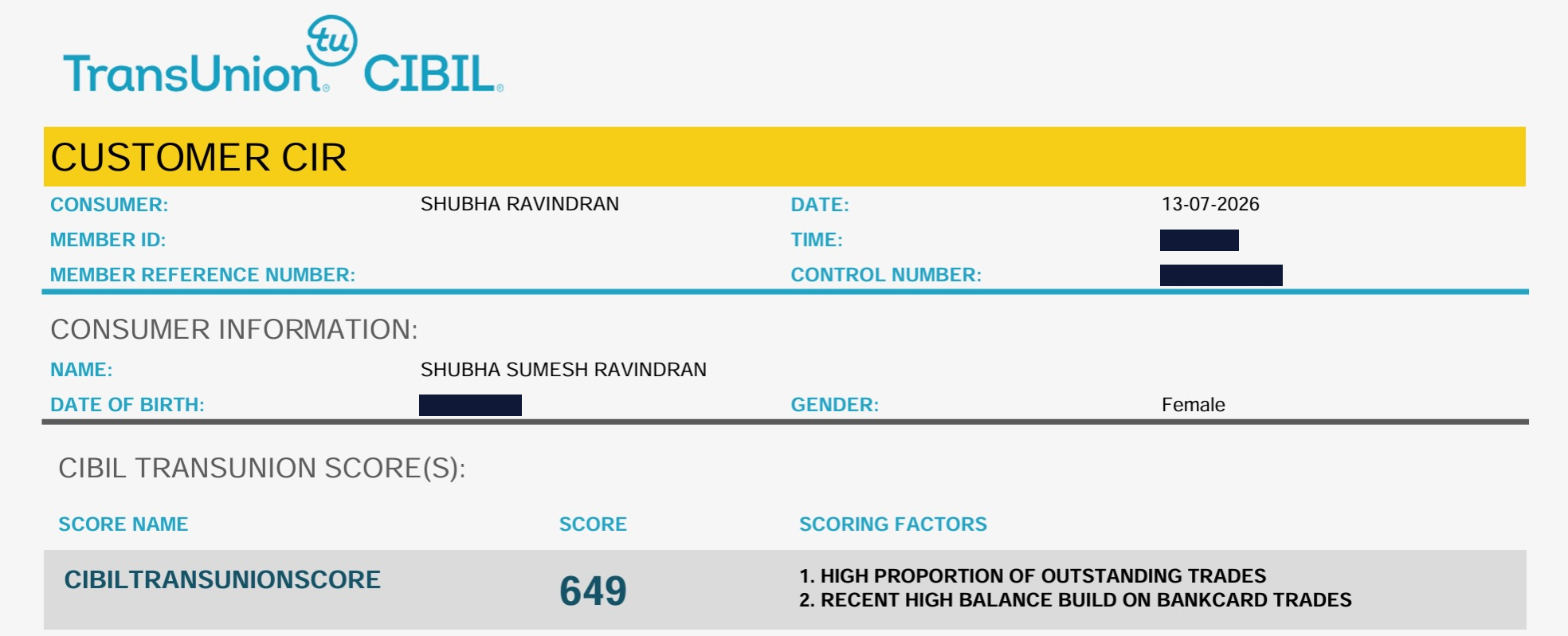 CIBIL report header pulled 13 July 2026 showing a TransUnion CIBIL score of 649