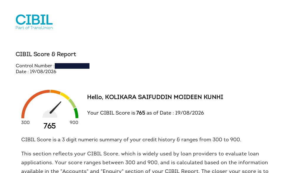 CIBIL report header from 19 August 2026 showing a score of 765
