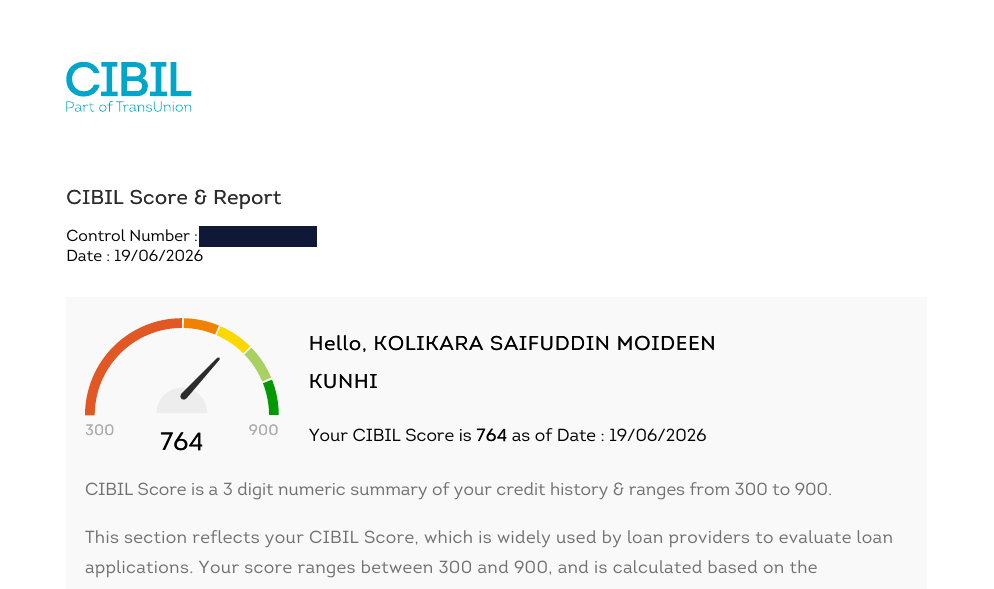 CIBIL report header from 19 June 2026 showing a score of 764