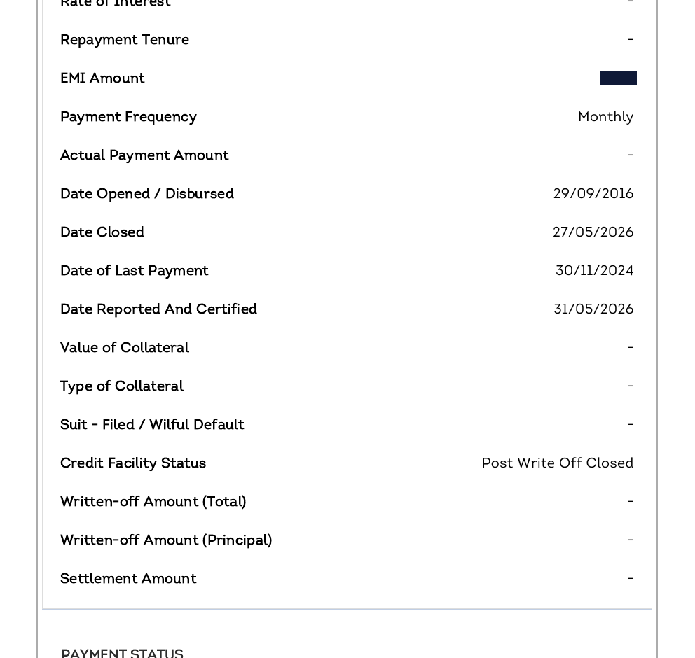 Axis Bank credit card on the June report with Credit Facility Status reading Post Write Off Closed