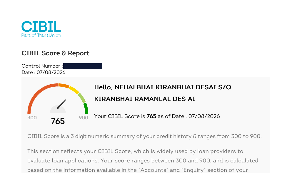 CIBIL report header from August 2026 showing a score of 765