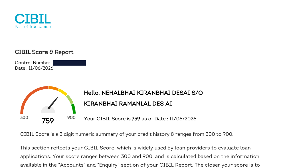 CIBIL report header from June 2026 showing a score of 759