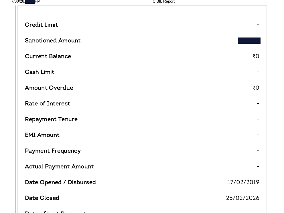 The same ARCIL account on the July 2026 report showing zero balance, zero overdue, and date closed 25 February 2026