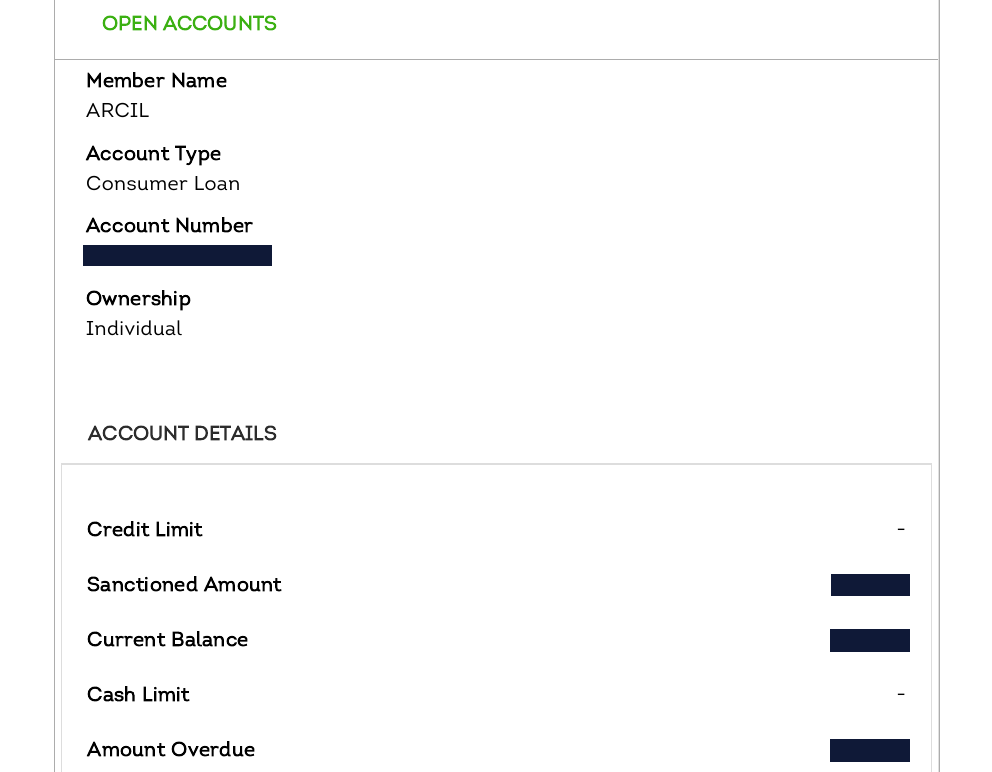 ARCIL consumer loan entry on the February 2026 report, listed under open accounts