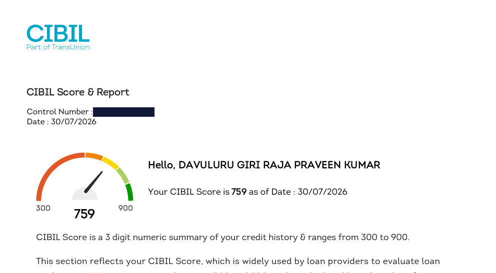 CIBIL report header from July 2026 showing the score improved to 759