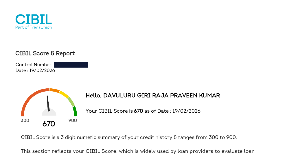 CIBIL report header from February 2026 showing a score of 670