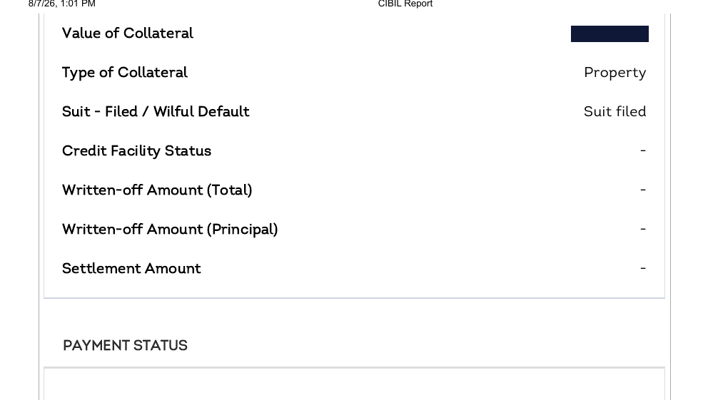 AAVASFIN housing loan on the 7 August report with the Suit Filed Wilful Default field reading Suit filed