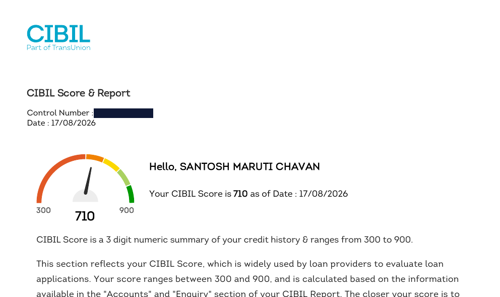 CIBIL report header from 17 August 2026 showing the score improved to 710