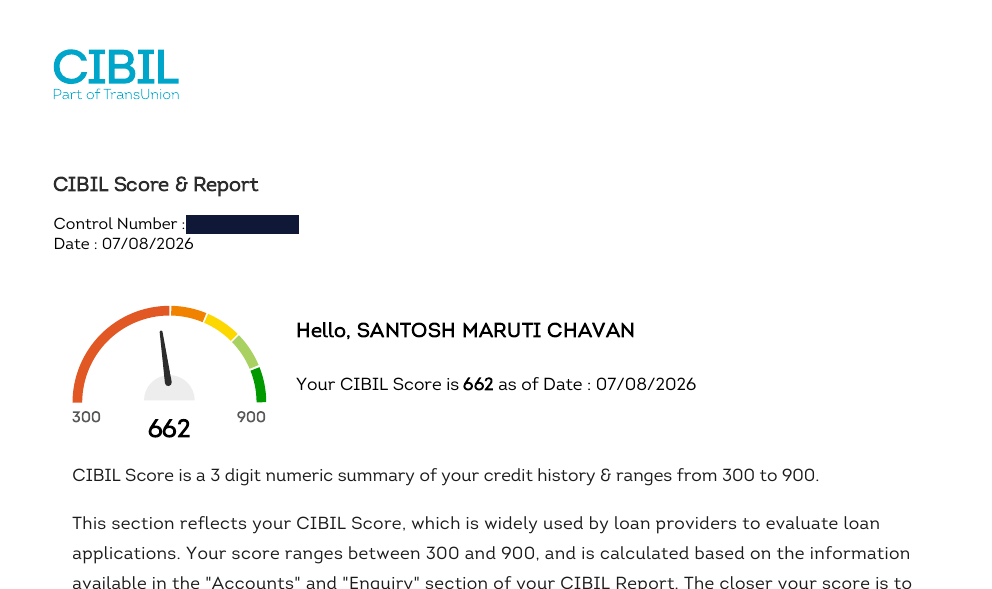 CIBIL report header from 7 August 2026 showing a score of 662