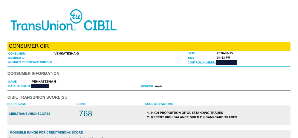 CIBIL report header pulled 15 July 2026 showing the cleaned report