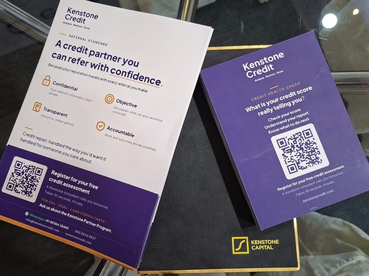 The two Kenstone Credit handouts used at Stall M56: the A5 referral-standard sheet for CAs, DSAs and loan consultants, and the A6 credit health check card with a registration QR code